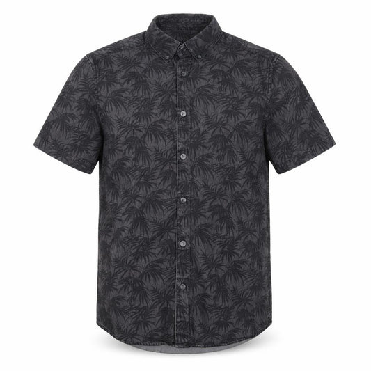 Front view of Burton Menswear London Men's Black Tropical Short Sleeve Button-Up Shirt, size S