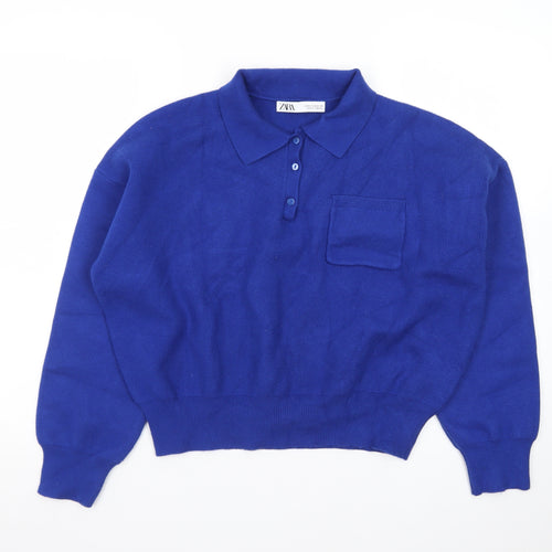 ZARA Women Blue Collared Henley Knit Jumper Size 12