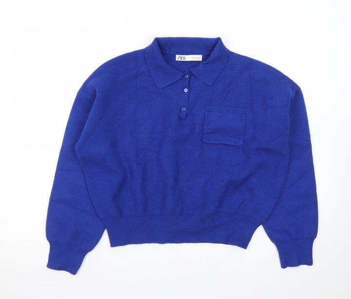ZARA Women Blue Collared Henley Knit Jumper Size 12