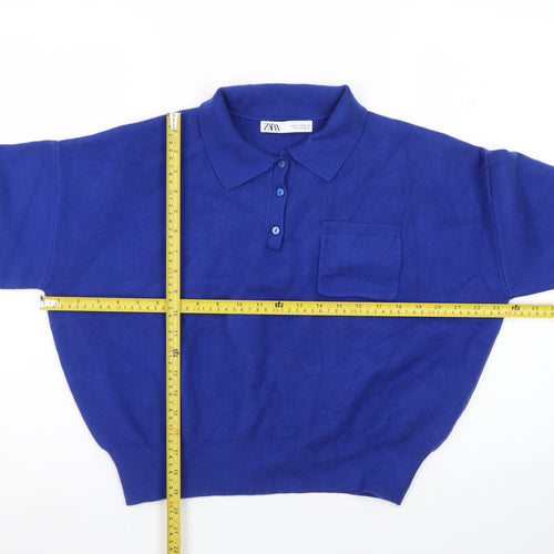 ZARA Women Blue Collared Henley Knit Jumper Size 12