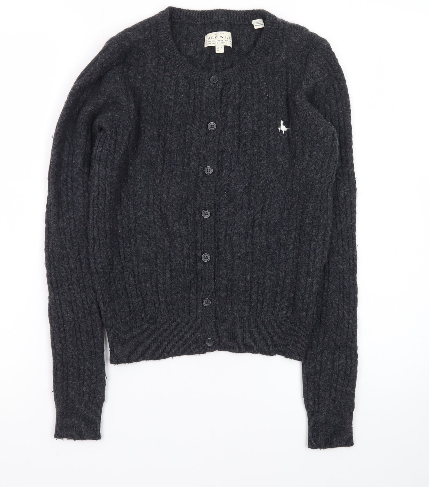 Jack Wills Womens Black Cable Knit Cardigan UK 8 Wool Blend