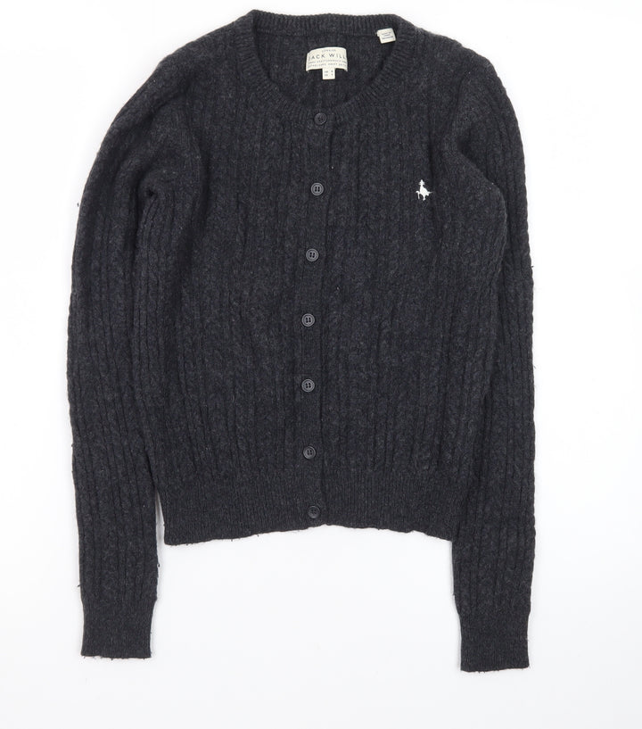 Jack Wills Womens Black Cable Knit Cardigan UK 8 Wool Blend