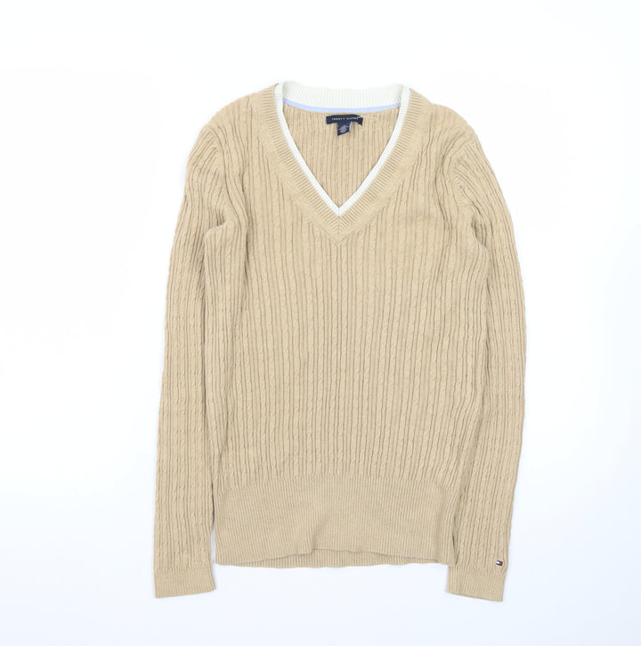 Tommy Hilfiger Womens Beige V-Neck Cable-Knit Jumper Size M