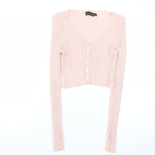 PrettyLittleThing Women Pink Ribbed V-Neck Button Cardigan Size M