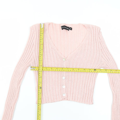 PrettyLittleThing Women Pink Ribbed V-Neck Button Cardigan Size M