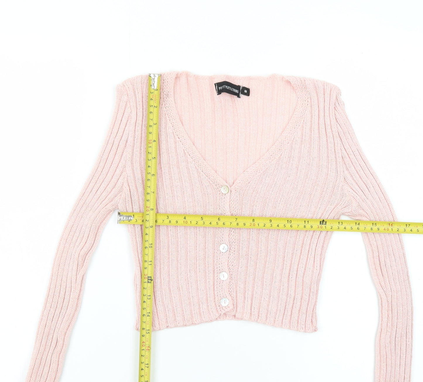 PrettyLittleThing Women Pink Ribbed V-Neck Button Cardigan Size M