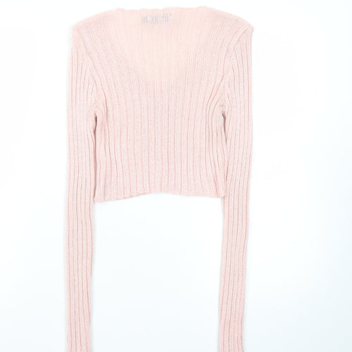 PrettyLittleThing Women Pink Ribbed V-Neck Button Cardigan Size M