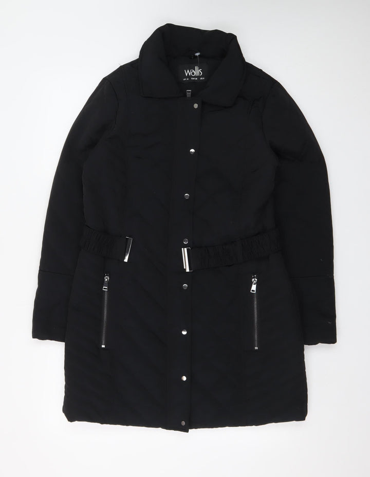 Wallis Women’s Black Quilted Belted Long Coat Size 10