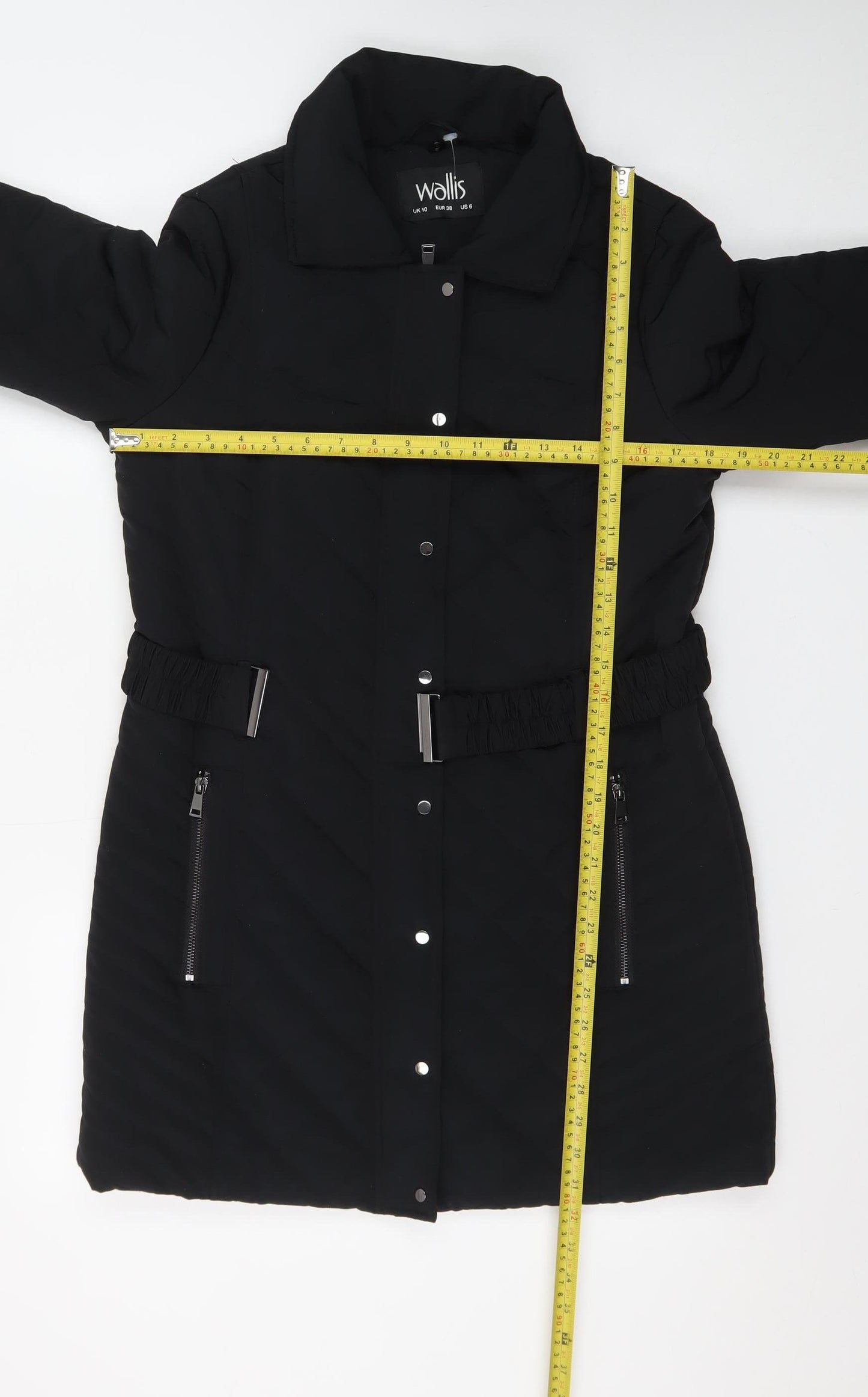 Wallis Women’s Black Quilted Belted Long Coat Size 10