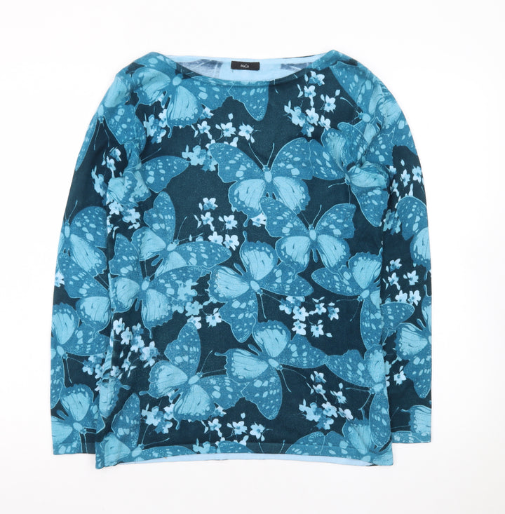 M&Co Women’s Blue Butterfly Print Viscose Pullover Jumper Size 12