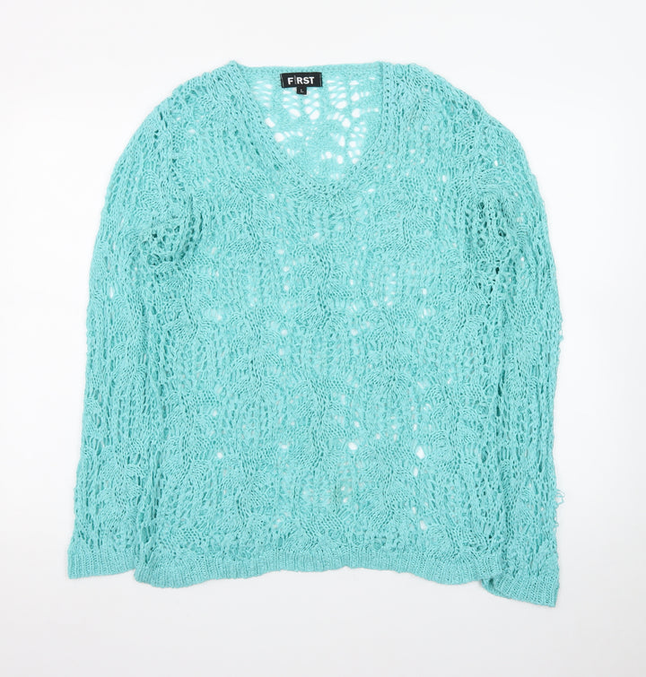 First Avenue Womens Blue L Open Knit Pullover Jumper