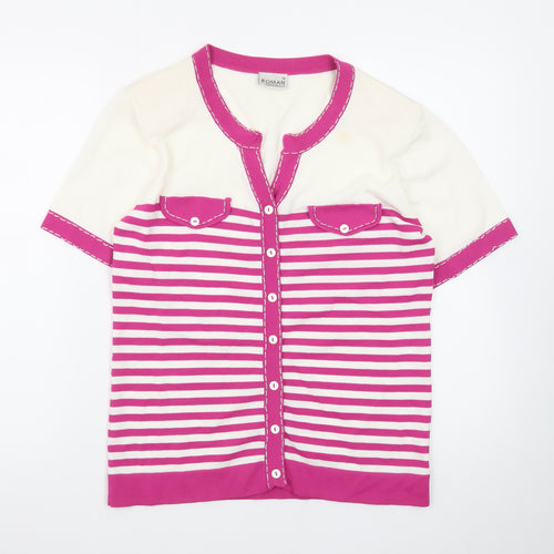 Roman Originals Women's Pink White Striped Short Sleeve Cardigan Size 14