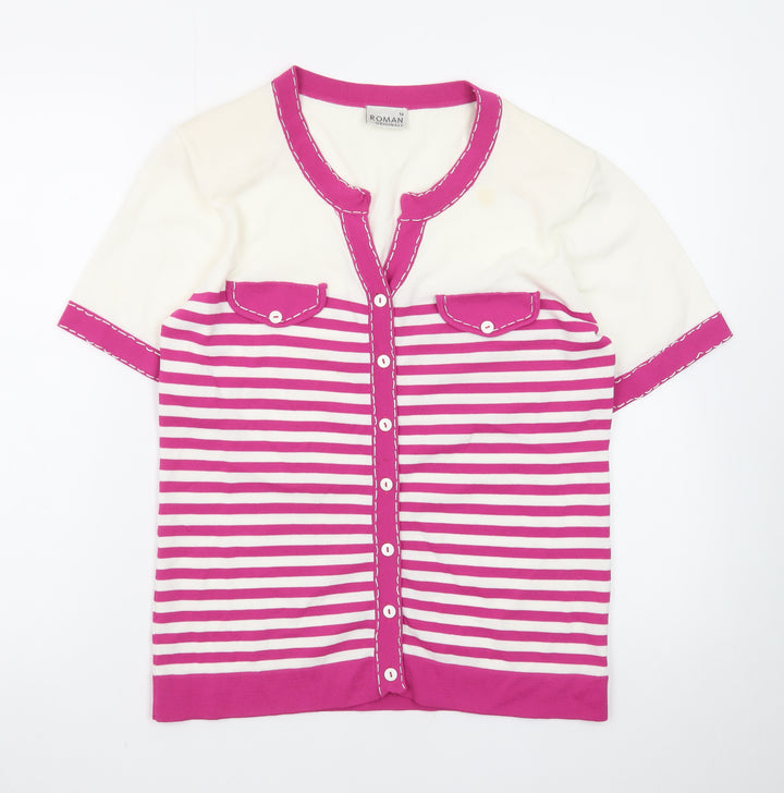 Roman Originals Women's Pink White Striped Short Sleeve Cardigan Size 14
