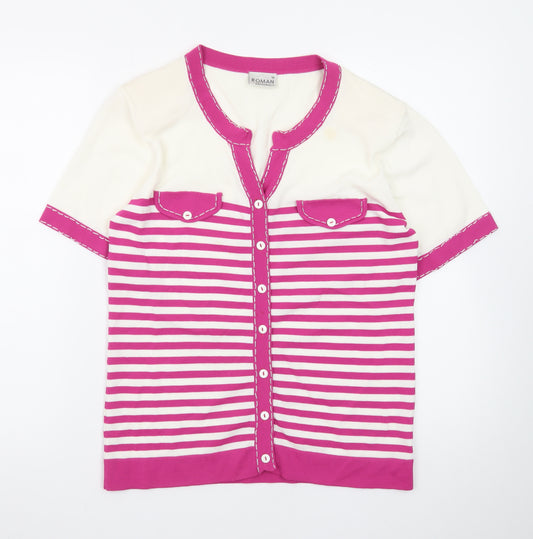 Roman Originals Women's Pink White Striped Short Sleeve Cardigan Size 14