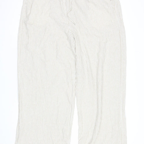 Marks and Spencer Womens Beige Striped Cropped Linen Cotton Wide Leg Trousers Size 16