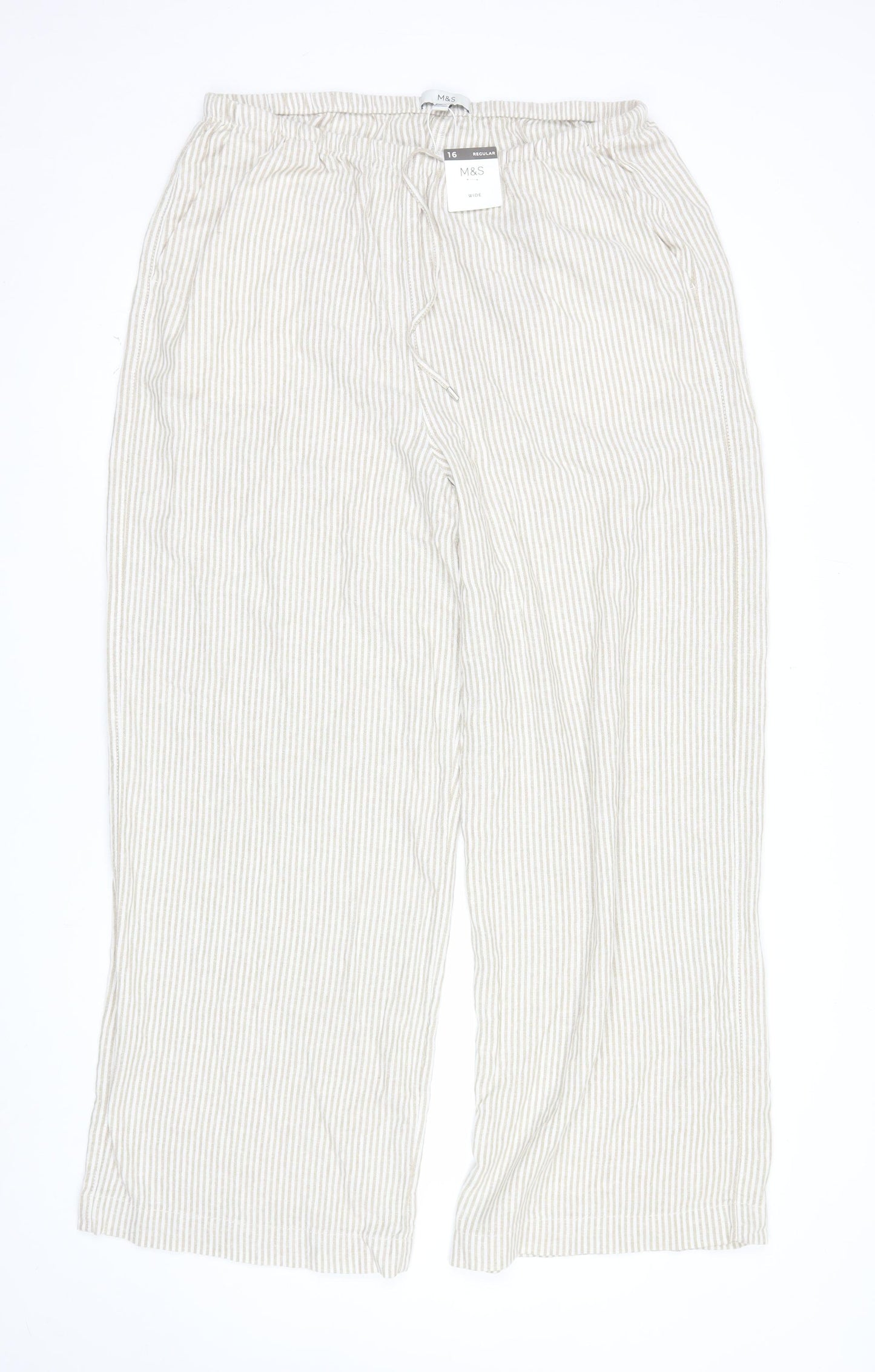 Marks and Spencer Womens Beige Striped Cropped Linen Cotton Wide Leg Trousers Size 16