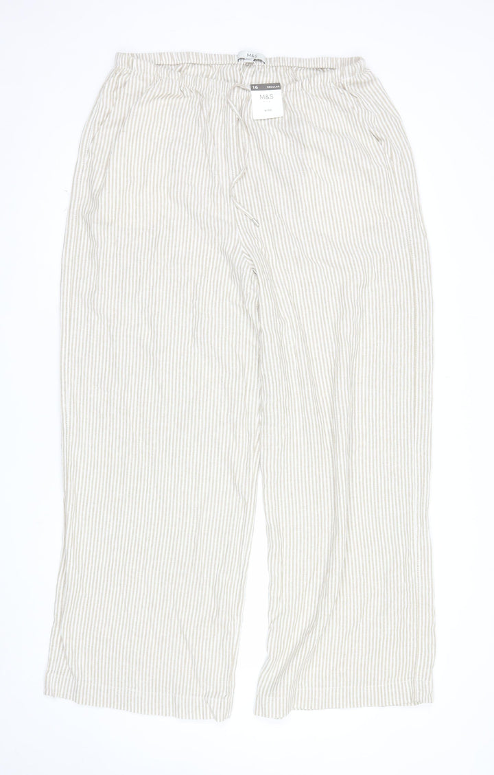 Marks and Spencer Womens Beige Striped Cropped Linen Cotton Wide Leg Trousers Size 16