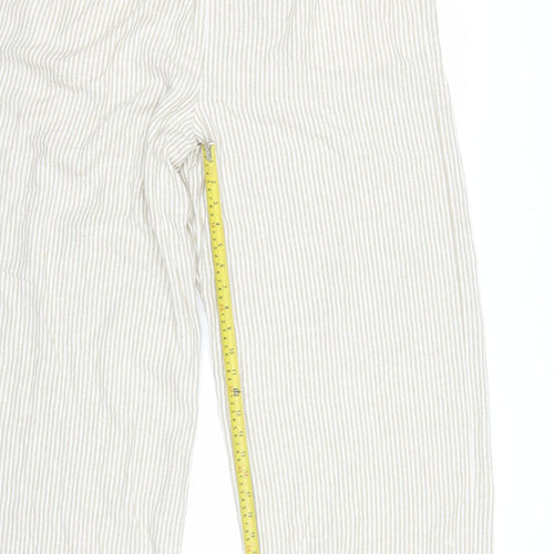 Marks and Spencer Womens Beige Striped Cropped Linen Cotton Wide Leg Trousers Size 16