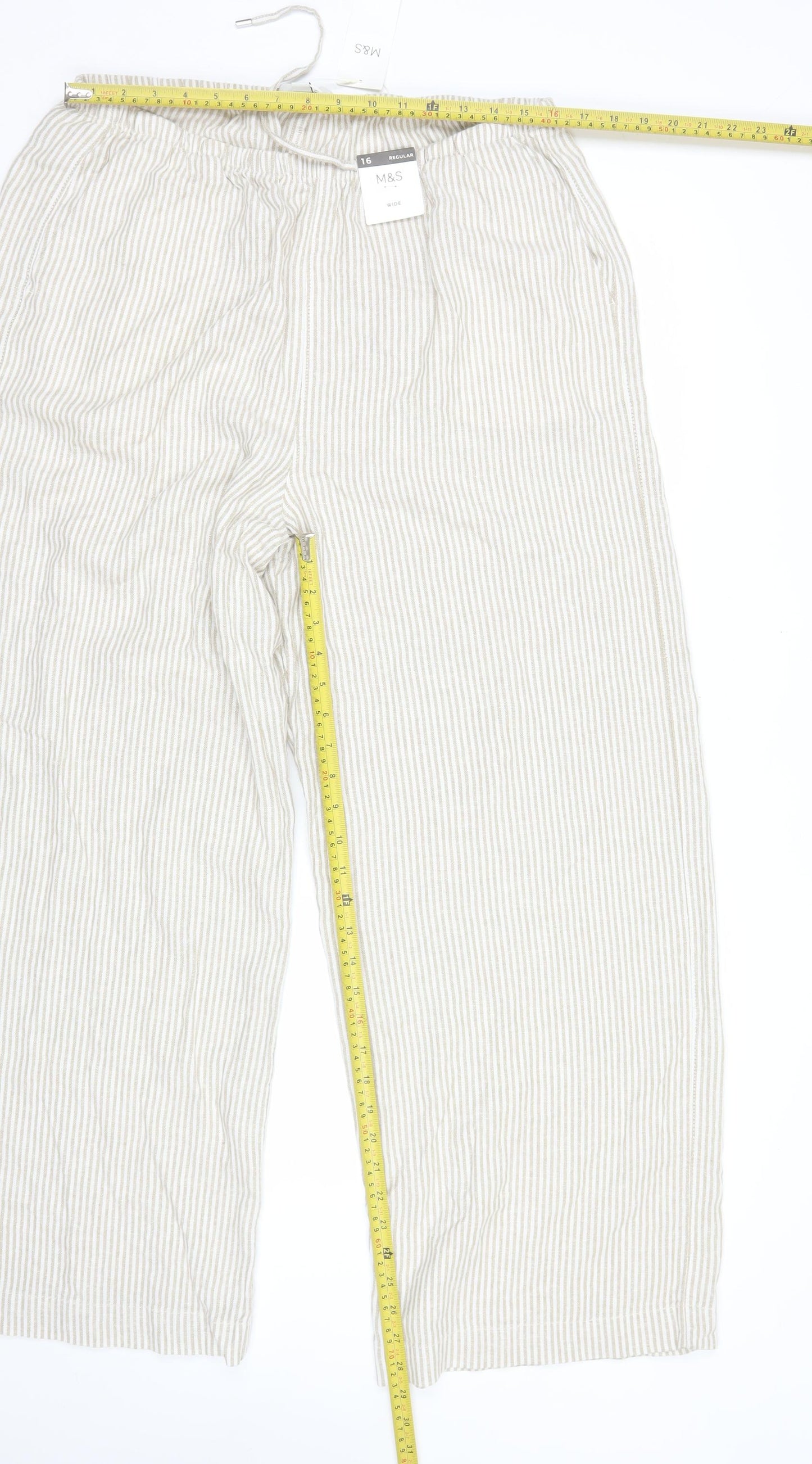Marks and Spencer Womens Beige Striped Cropped Linen Cotton Wide Leg Trousers Size 16