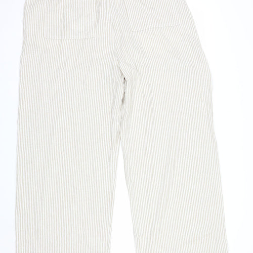 Marks and Spencer Womens Beige Striped Cropped Linen Cotton Wide Leg Trousers Size 16
