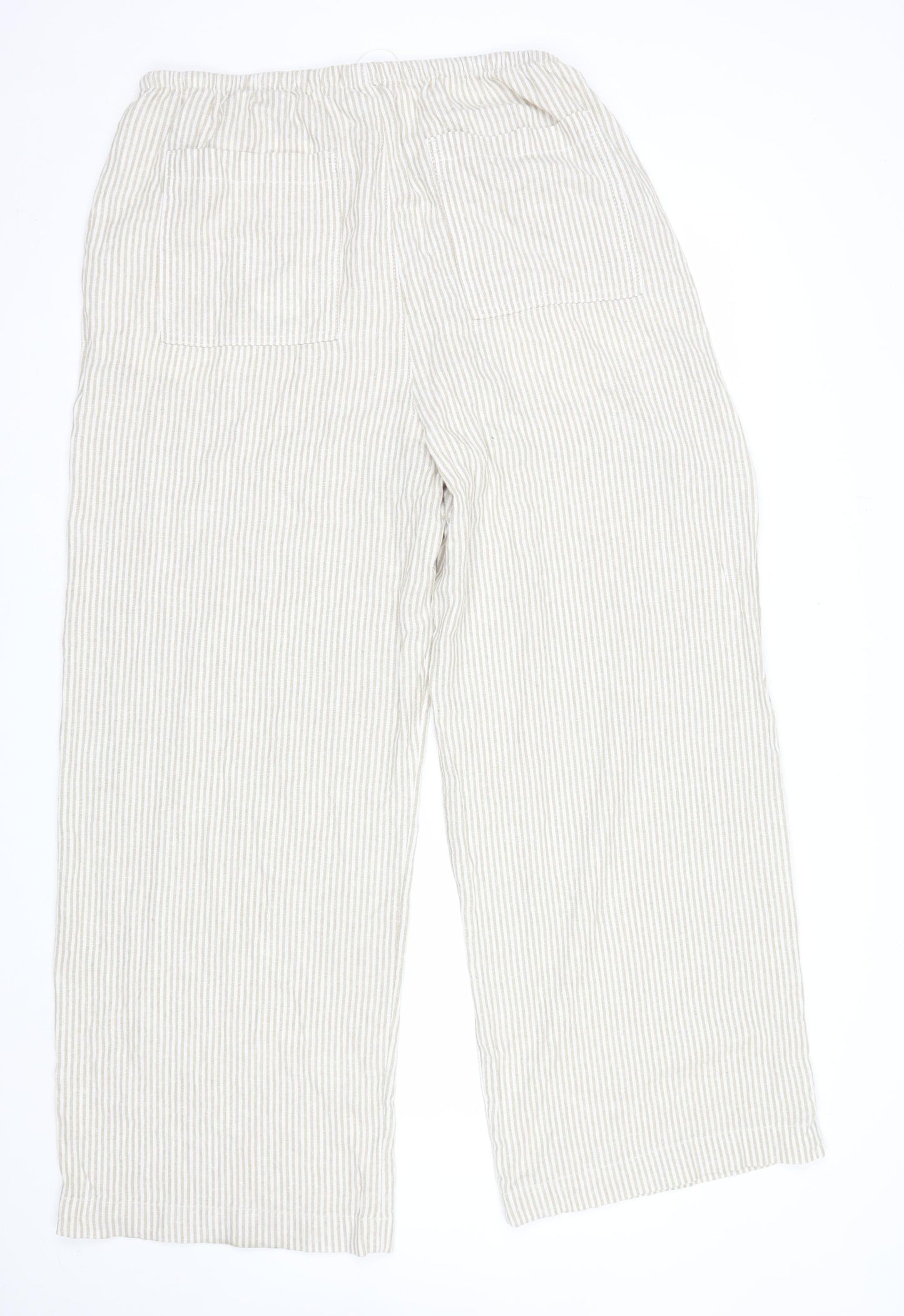 Marks and Spencer Womens Beige Striped Cropped Linen Cotton Wide Leg Trousers Size 16