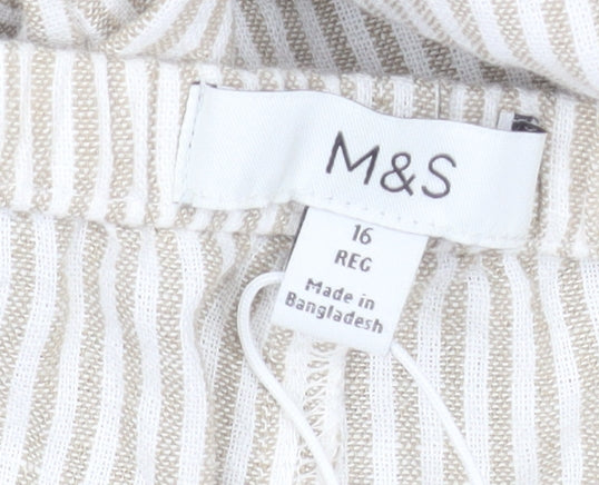 Marks and Spencer Womens Beige Striped Cropped Linen Cotton Wide Leg Trousers Size 16