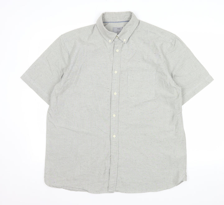 Marks and Spencer Men's Grey Short Sleeve Button-Up Oxford Shirt L
