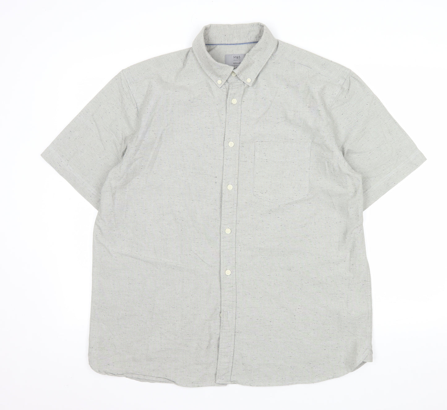 Marks and Spencer Men's Grey Short Sleeve Button-Up Oxford Shirt L