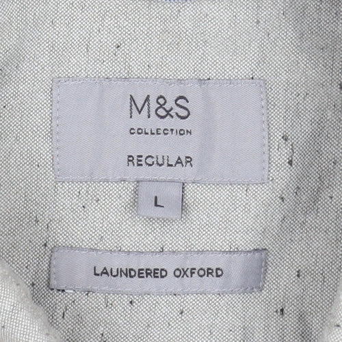 Marks and Spencer Men's Grey Short Sleeve Button-Up Oxford Shirt L