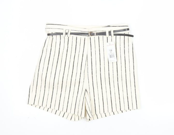 F&F Women's White Striped Chino Shorts Belted UK 10
