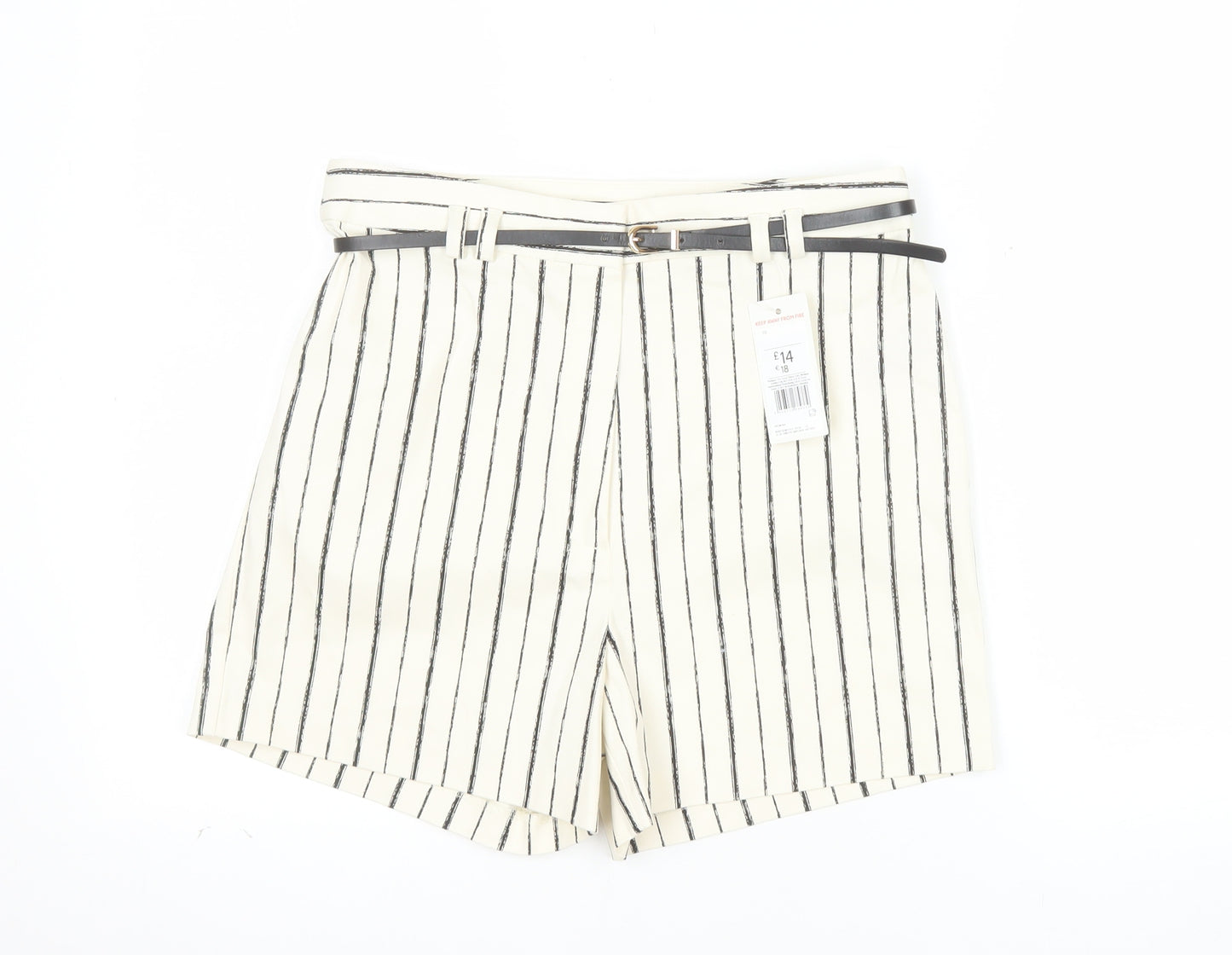 F&F Women's White Striped Chino Shorts Belted UK 10