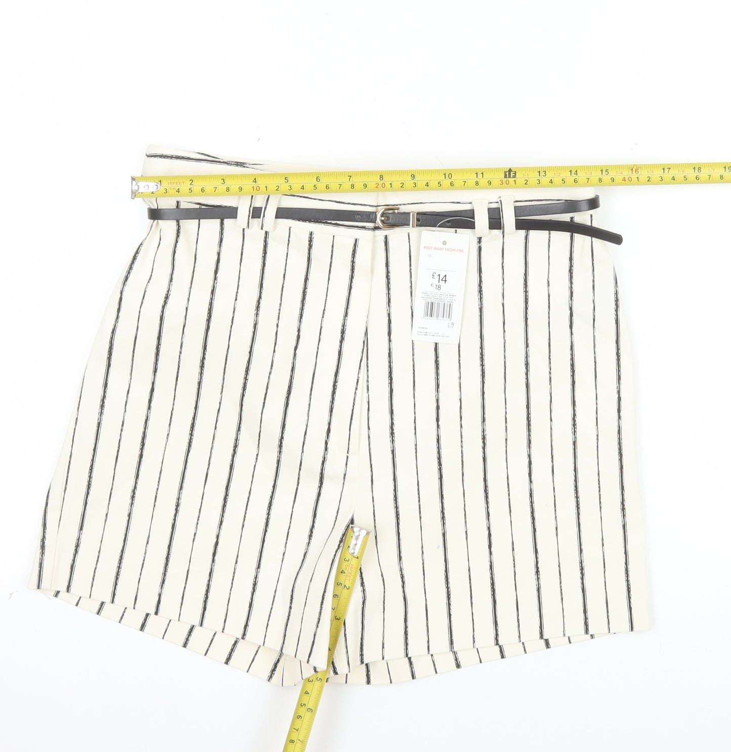 F&F Women's White Striped Chino Shorts Belted UK 10