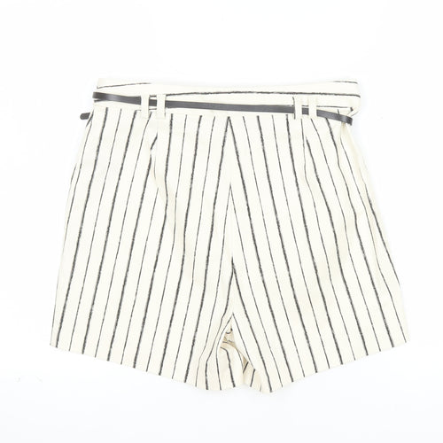 F&F Women's White Striped Chino Shorts Belted UK 10