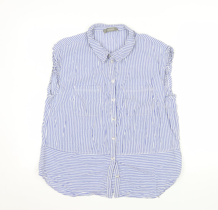 Oasis Women Blue Striped Cotton Sleeveless Button-Up Shirt Size 18