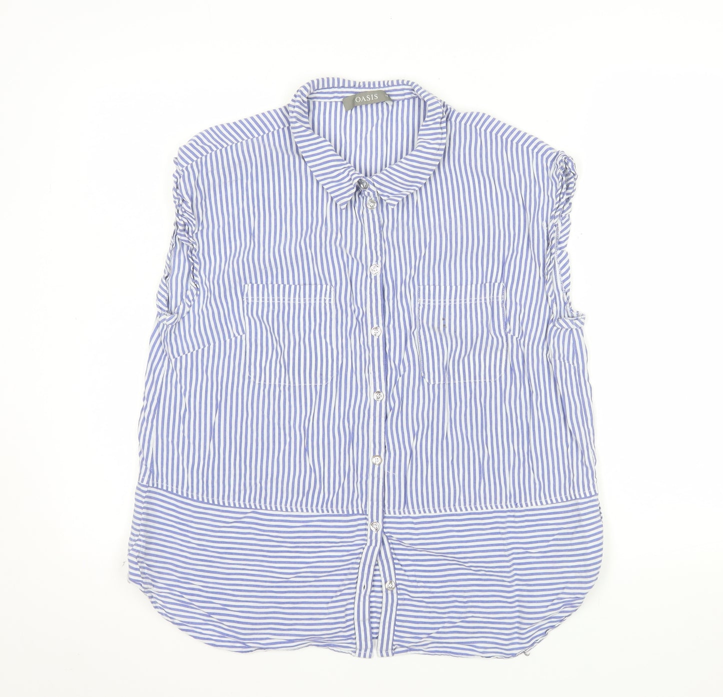 Oasis Women Blue Striped Cotton Sleeveless Button-Up Shirt Size 18