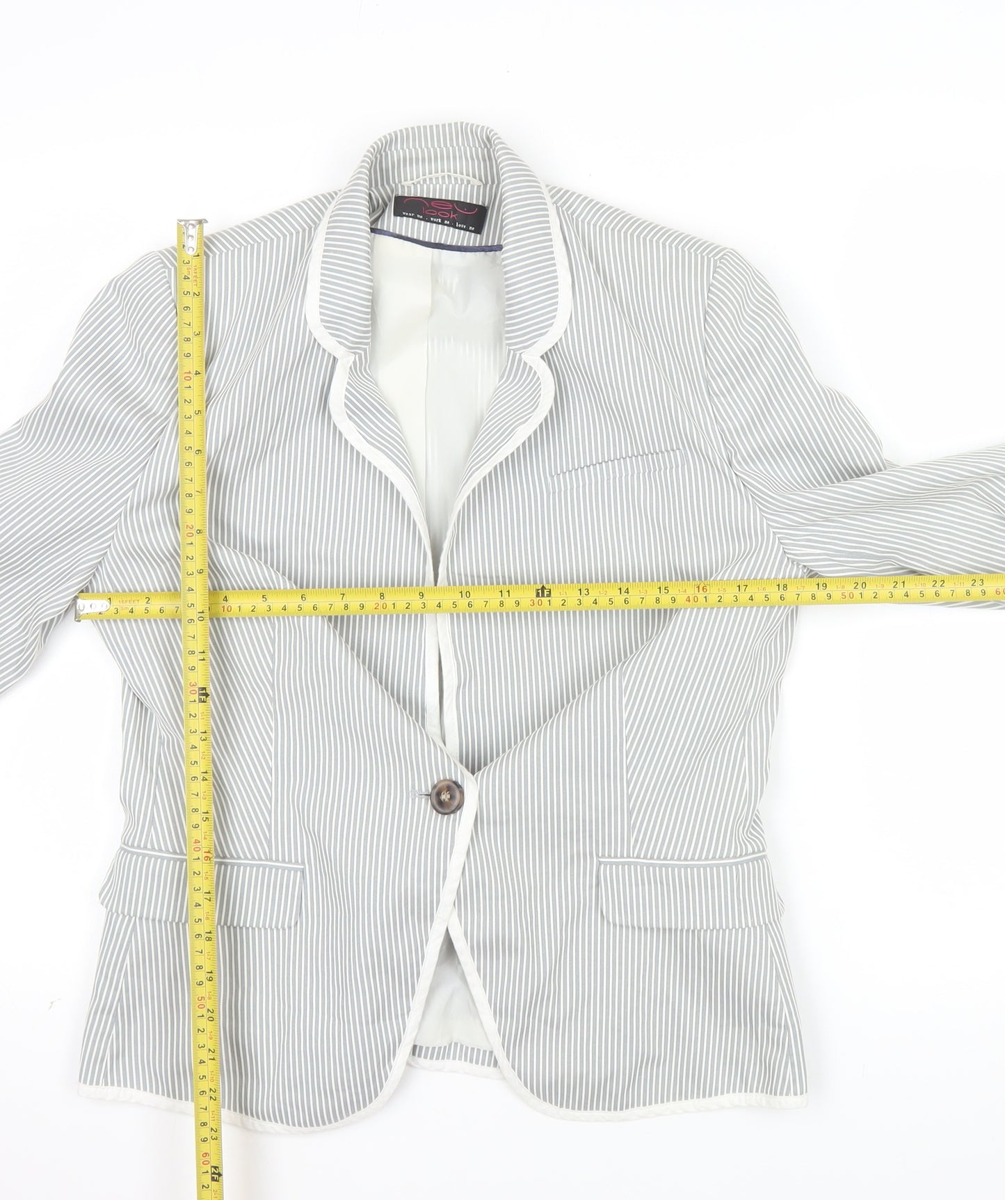 New Look Women Grey Pinstripe One-Button Blazer UK 14 Regular Fit