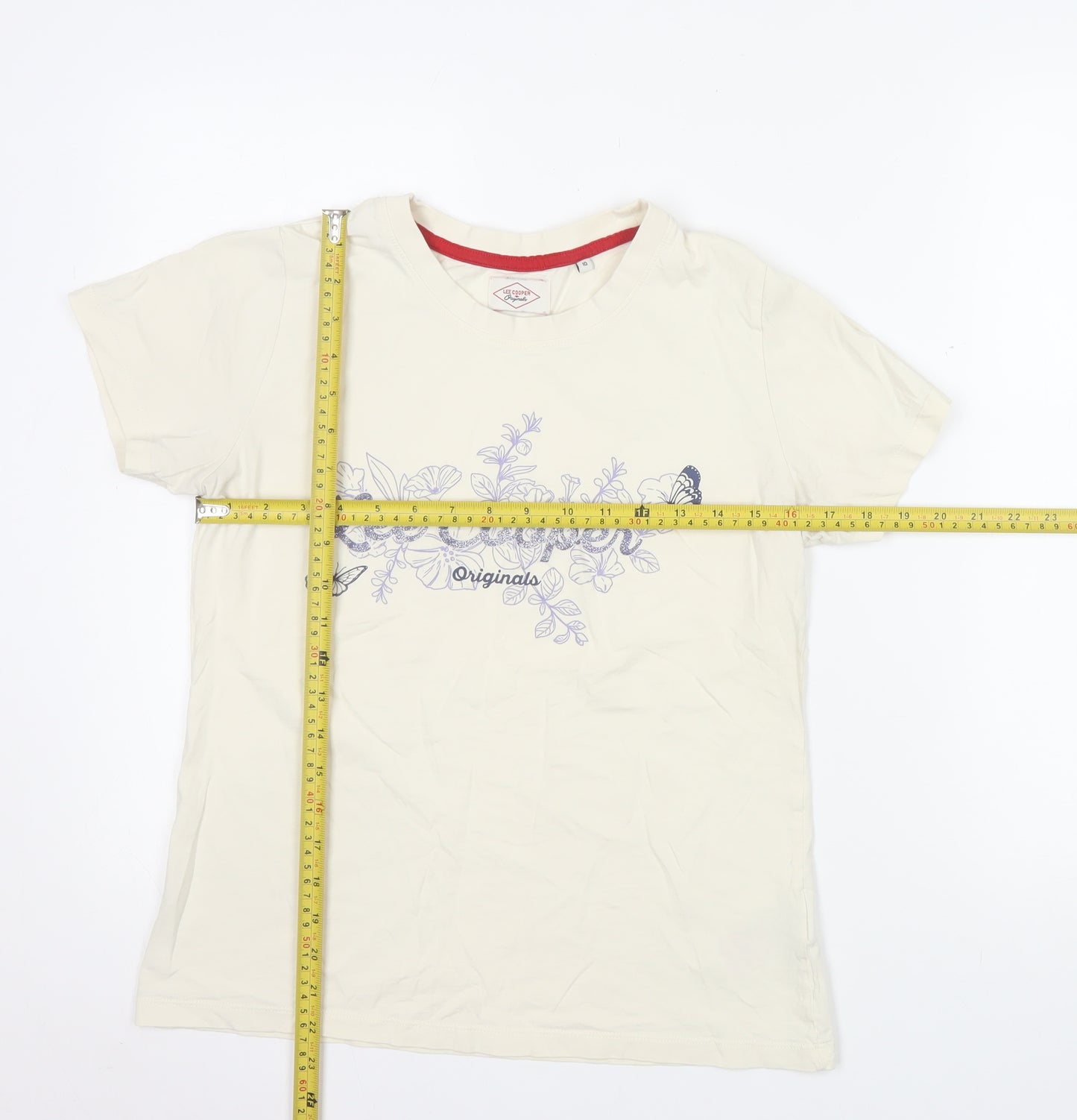 Lee Cooper Women's Beige Floral T-Shirt Size 10 Short Sleeve Cotton
