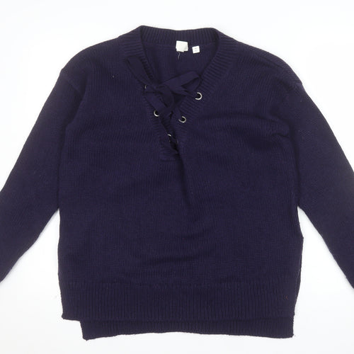 GAP Women's Blue Lace-Up V-Neck Knit Jumper Size M