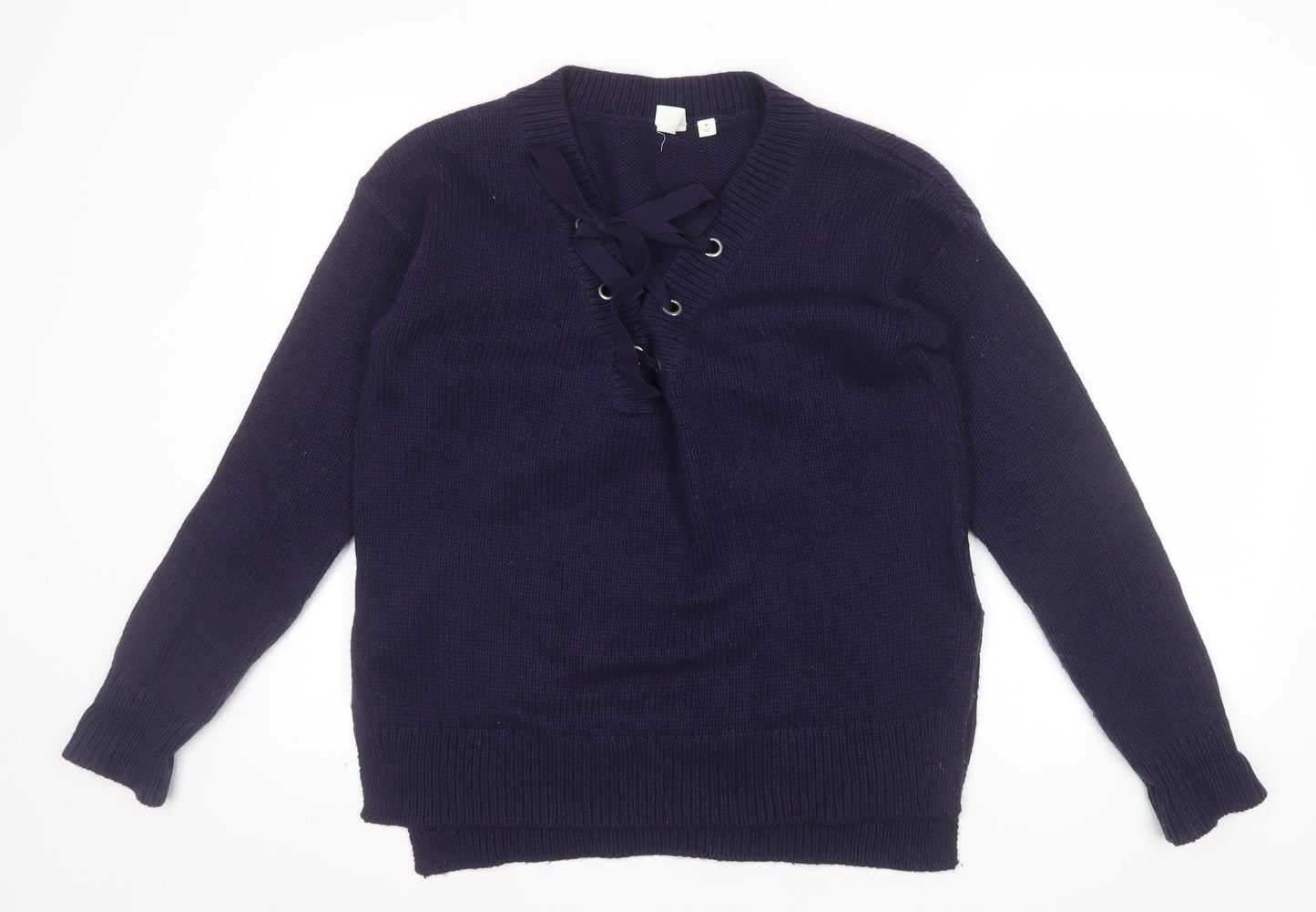 GAP Women's Blue Lace-Up V-Neck Knit Jumper Size M
