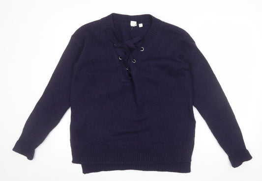 GAP Women's Blue Lace-Up V-Neck Knit Jumper Size M