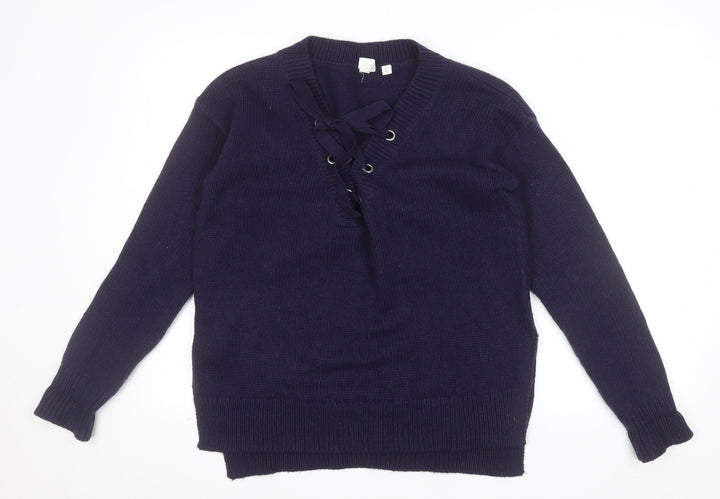 GAP Women's Blue Lace-Up V-Neck Knit Jumper Size M