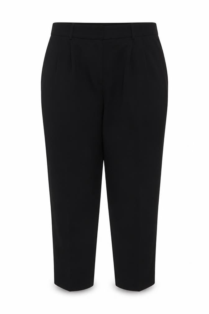 Front view of H&M women’s black regular fit straight leg trousers, size UK 20