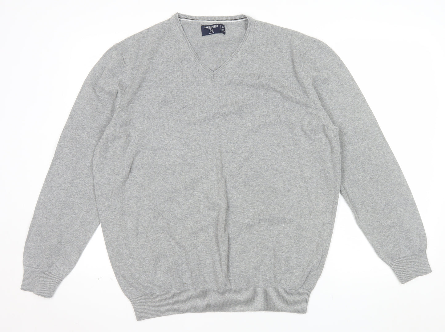 Springfield Men’s Grey Cotton V-Neck Jumper 2XL Regular Fit
