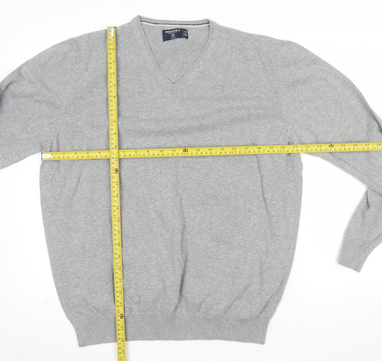 Springfield Men’s Grey Cotton V-Neck Jumper 2XL Regular Fit