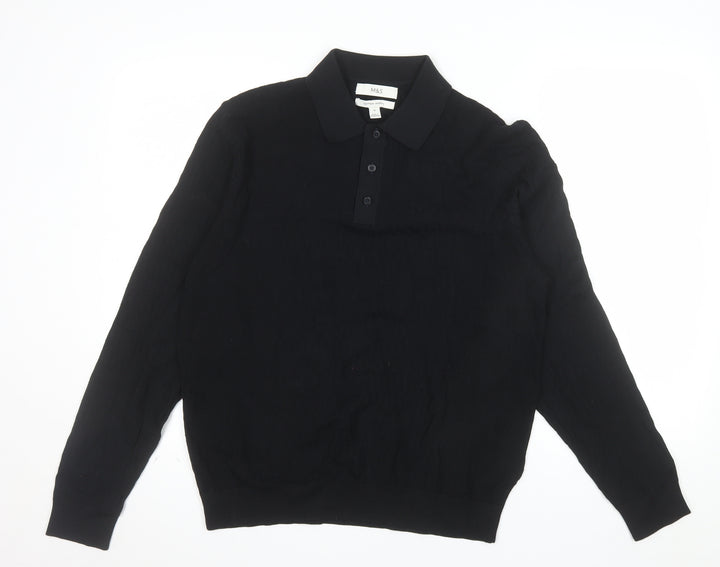 Marks and Spencer Mens Black Cotton Modal Long Sleeve Polo M