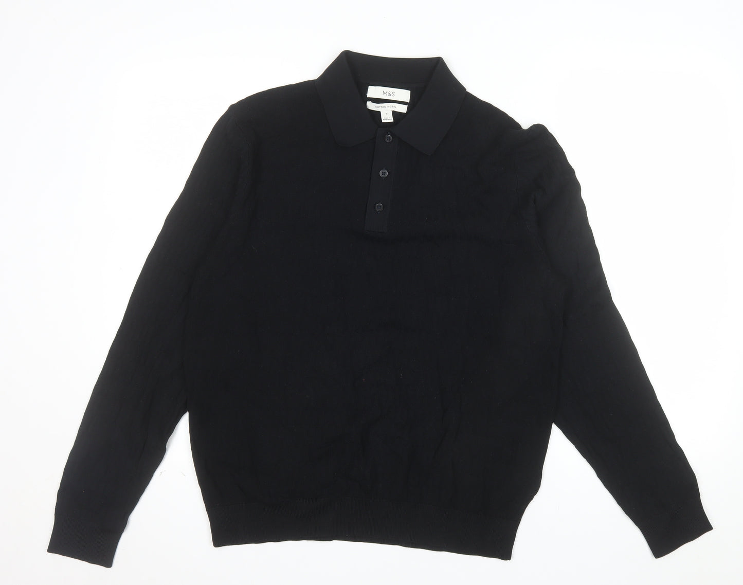 Marks and Spencer Mens Black Cotton Modal Long Sleeve Polo M
