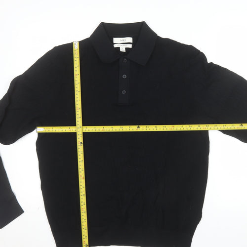 Marks and Spencer Mens Black Cotton Modal Long Sleeve Polo M