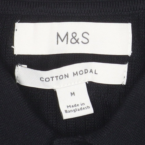 Marks and Spencer Mens Black Cotton Modal Long Sleeve Polo M