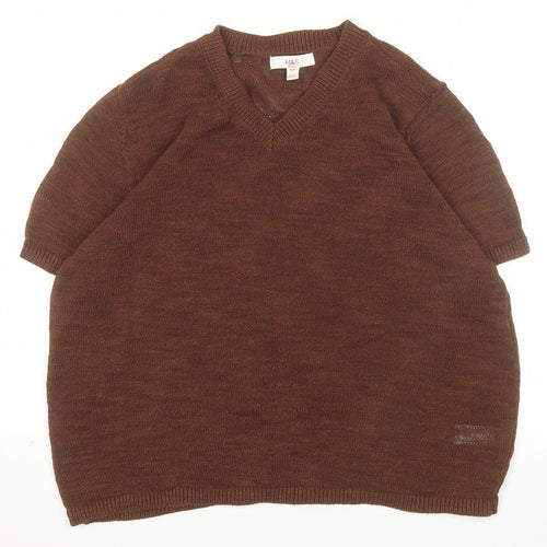 Marks and Spencer Men's Brown Cotton Blend V-Neck Short Sleeve Jumper L