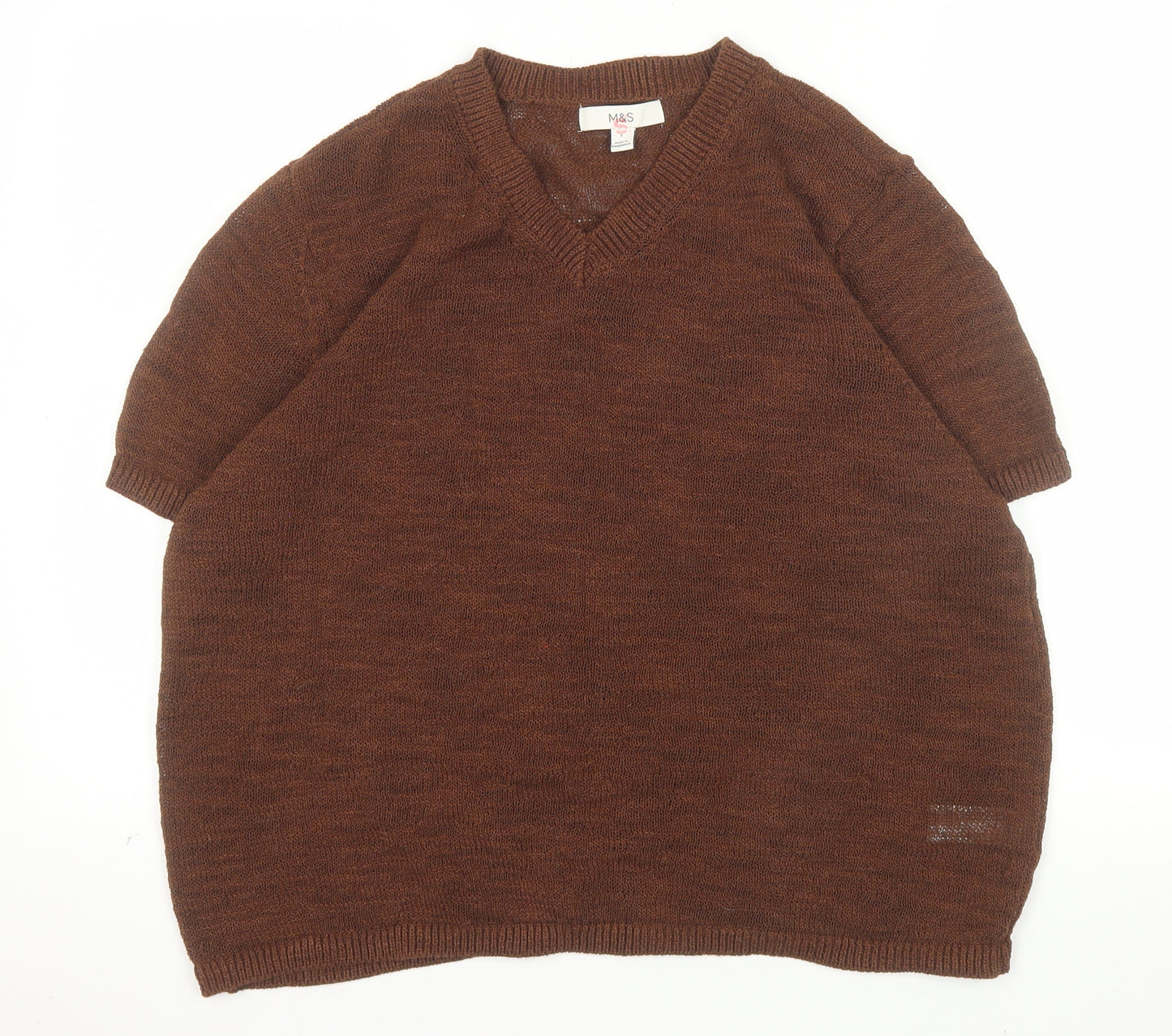 Marks and Spencer Men's Brown Cotton Blend V-Neck Short Sleeve Jumper L